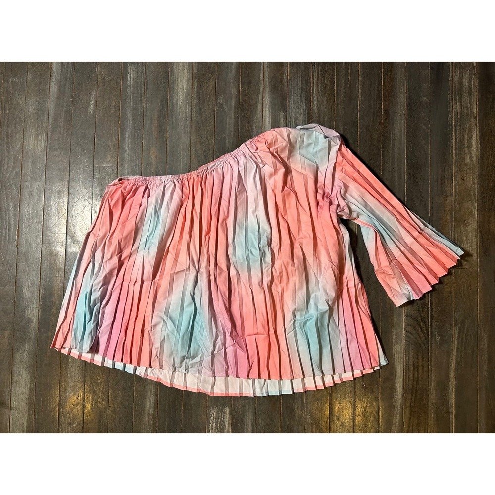 One Shoulder Pleated Tie Dye Blouse Pink Blue Bell Sleeve Flowy Top Womens